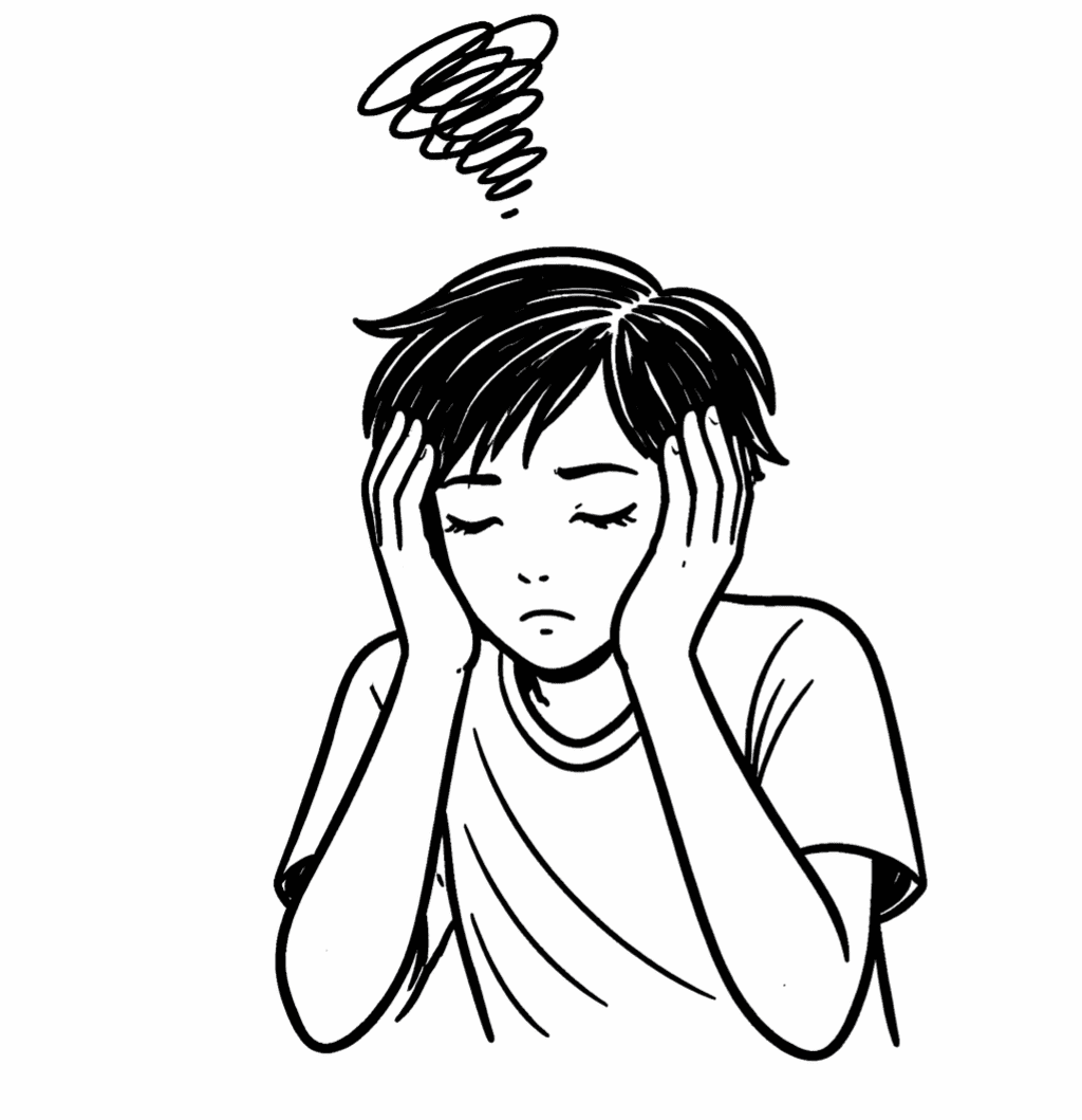 Dibujo de persona frustrada con las manos en la cabeza, ilustrando siempre hago lo que no quiero hacer.