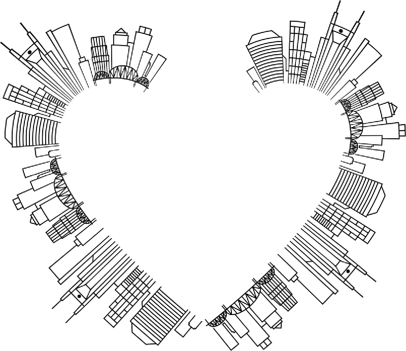 Ilustración de una ciudad formando un corazón vacío que representa el pensamiento creo que nunca voy a encontrar pareja