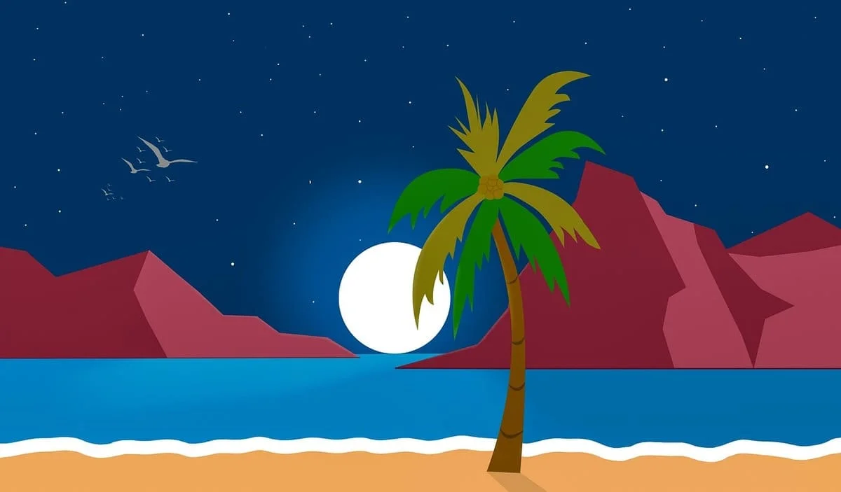 Paisaje nocturno de playa con palmera y luna que simboliza problemas de pareja tras el puente y la vuelta a la rutina emocional