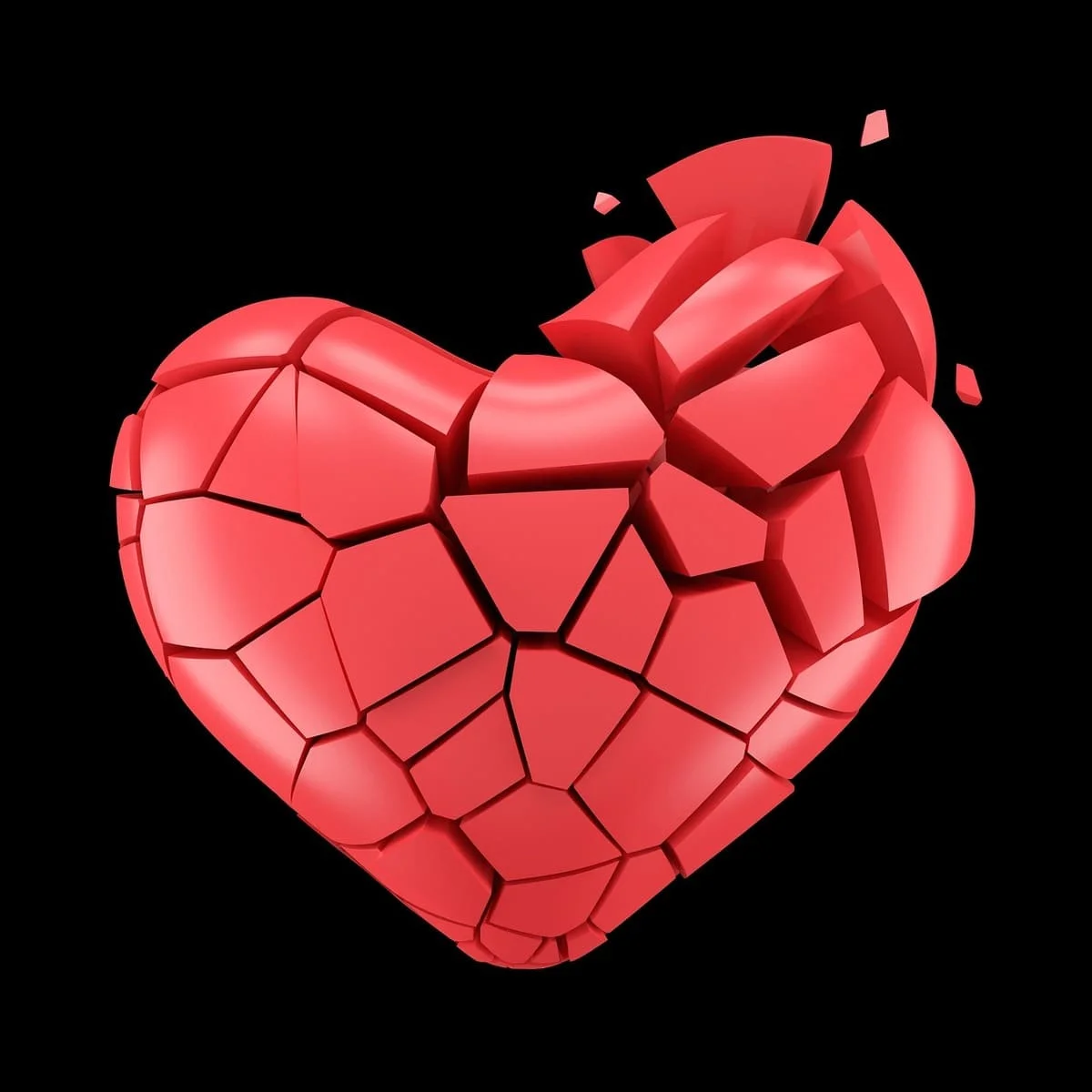 Corazón rojo roto y fragmentado sobre fondo negro representando un vínculo traumático en pareja