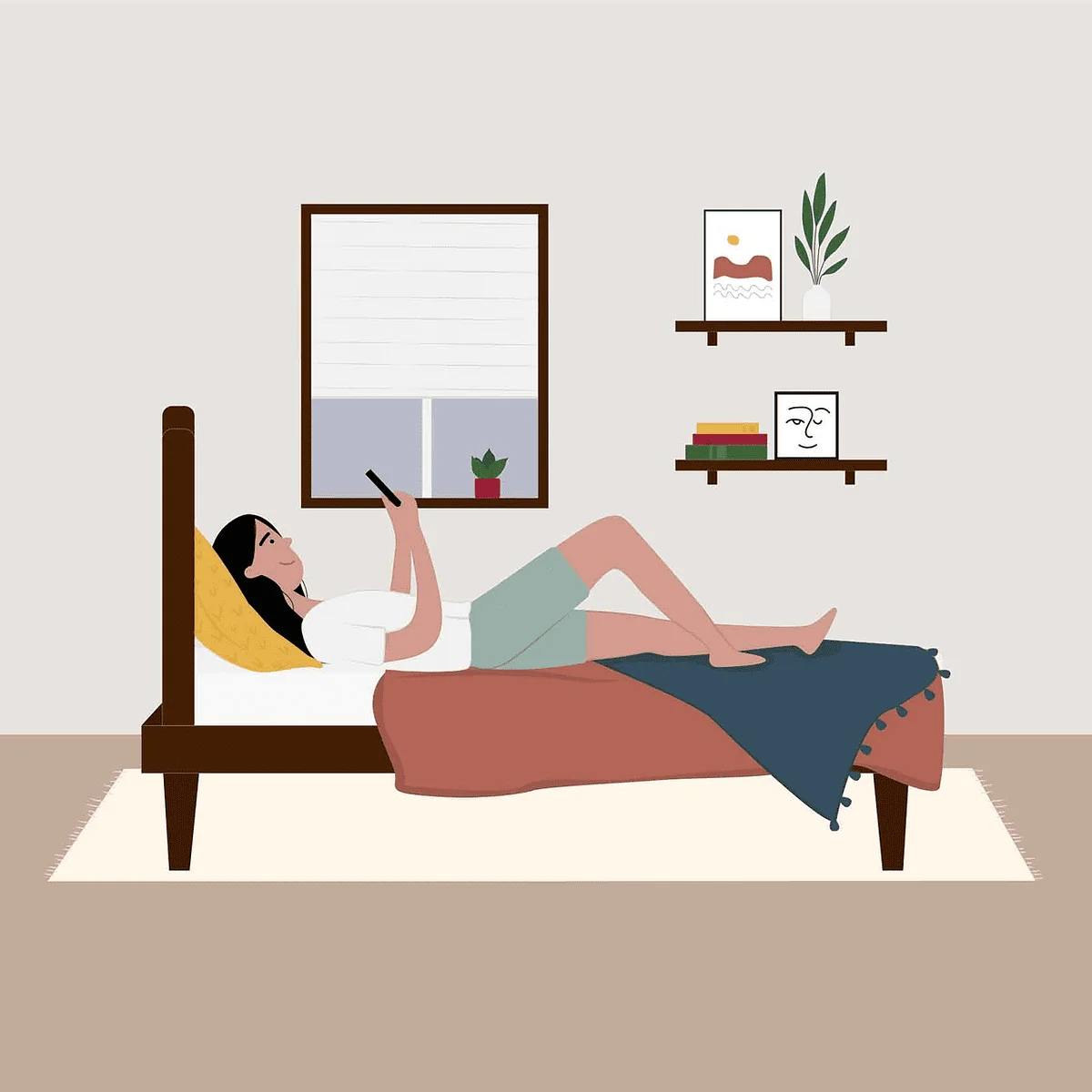 Mujer tumbada en la cama mirando el teléfono móvil mientras espera un mensaje, representación de la preocupación y la reflexión sobre por qué necesito que me escriba constantemente en una relación