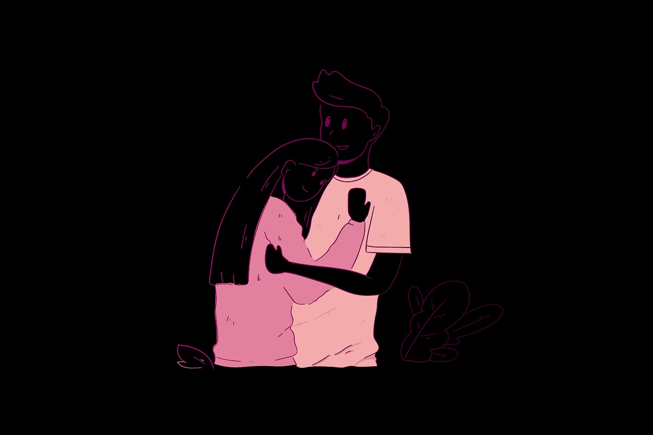 Ilustración de una pareja abrazándose mientras utiliza un teléfono móvil, representando las relaciones de pareja en la era digital y la influencia de la tecnología en la comunicación
